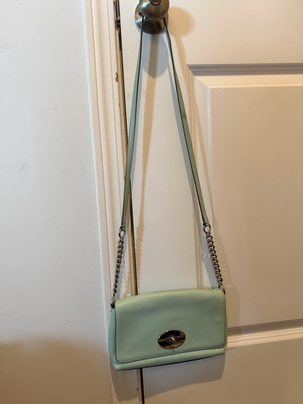 Coach Mint Green Leather Crossbody Bag with Silver Chain